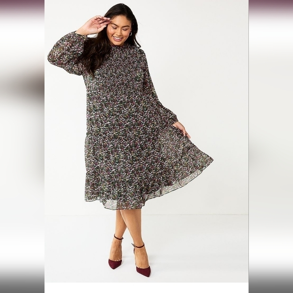 Draper James RSVP Ditsy Floral Tiered Long Sleeve Chiffon Midi Dress Green XL